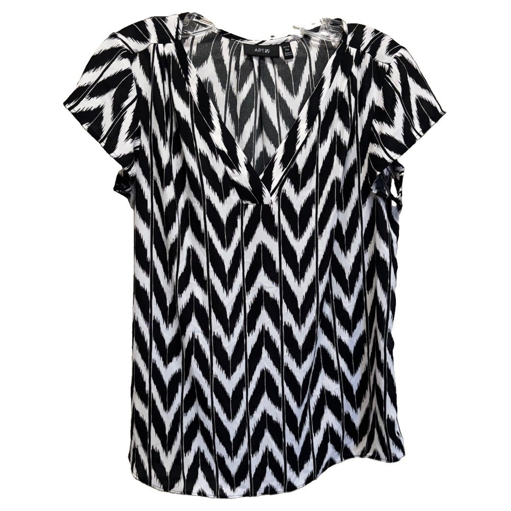 Apt. 9 Flutter Sleeve Chiffon Blouse Size PM V Neck Flowy Zig Zag Black/White